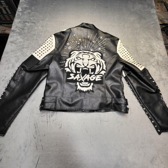 Azalea Wang Jacket Womens 2XL Black White Savages Studded Moto Biker Tiger Patch - Picture 10 of 12
